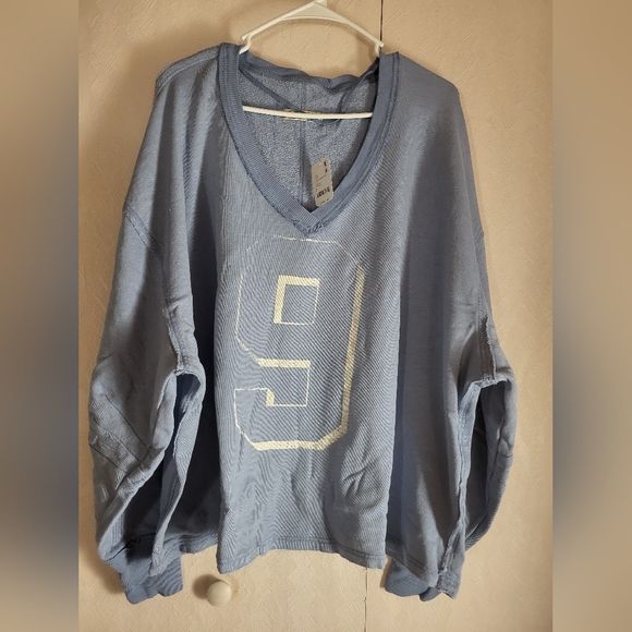 Free People Light Blue V-Neck Sweatshirt with Cream Graphic 9 - Picture 4 of 14